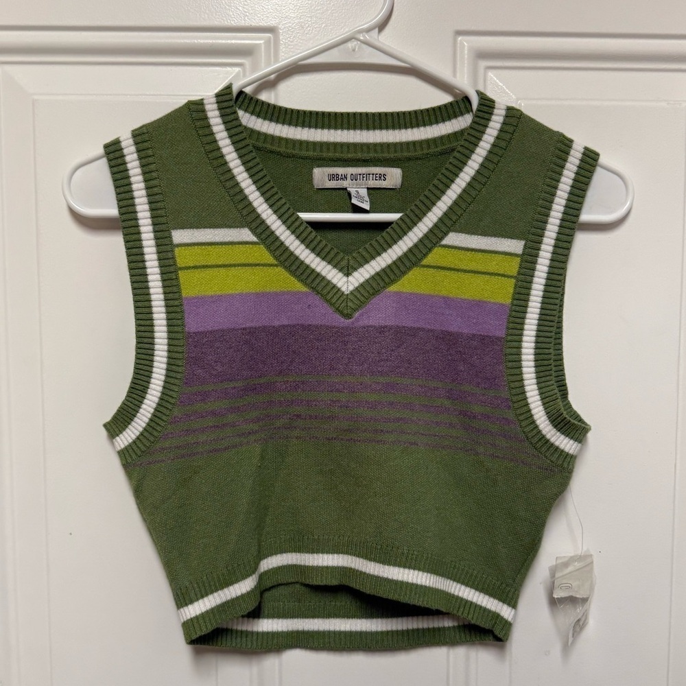 Urban Outfitters Randi Shrunken Sweater Vest Striped Size Small Green White